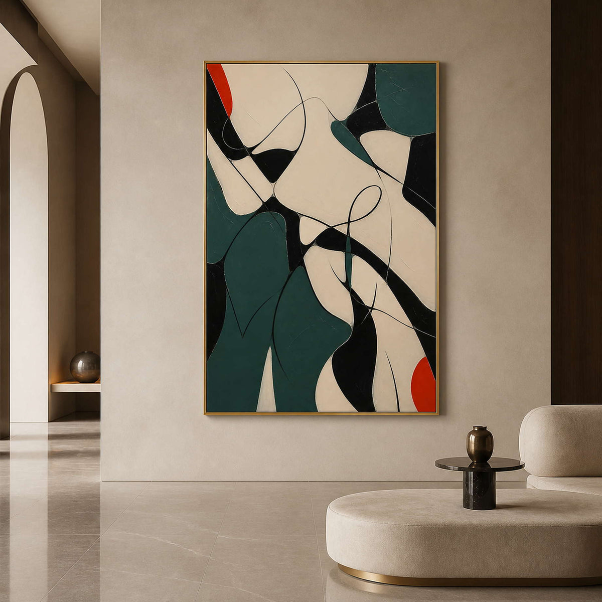 Red Notes Move Through Deep Green in a gold-framed lobby