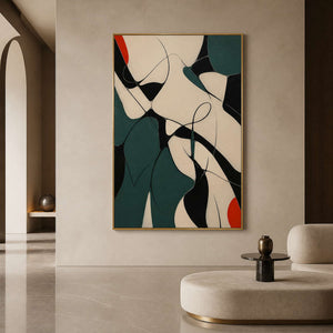 Red Notes Move Through Deep Green in a gold-framed lobby