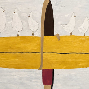 Close view of white birds and textured yellow surfboard beside the stylized figure.