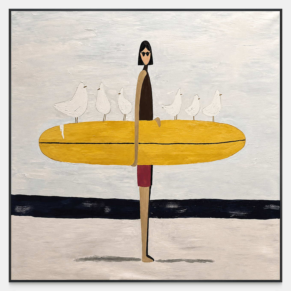Square artwork of a sunglasses wearing surfer holding a yellow board with white birds.