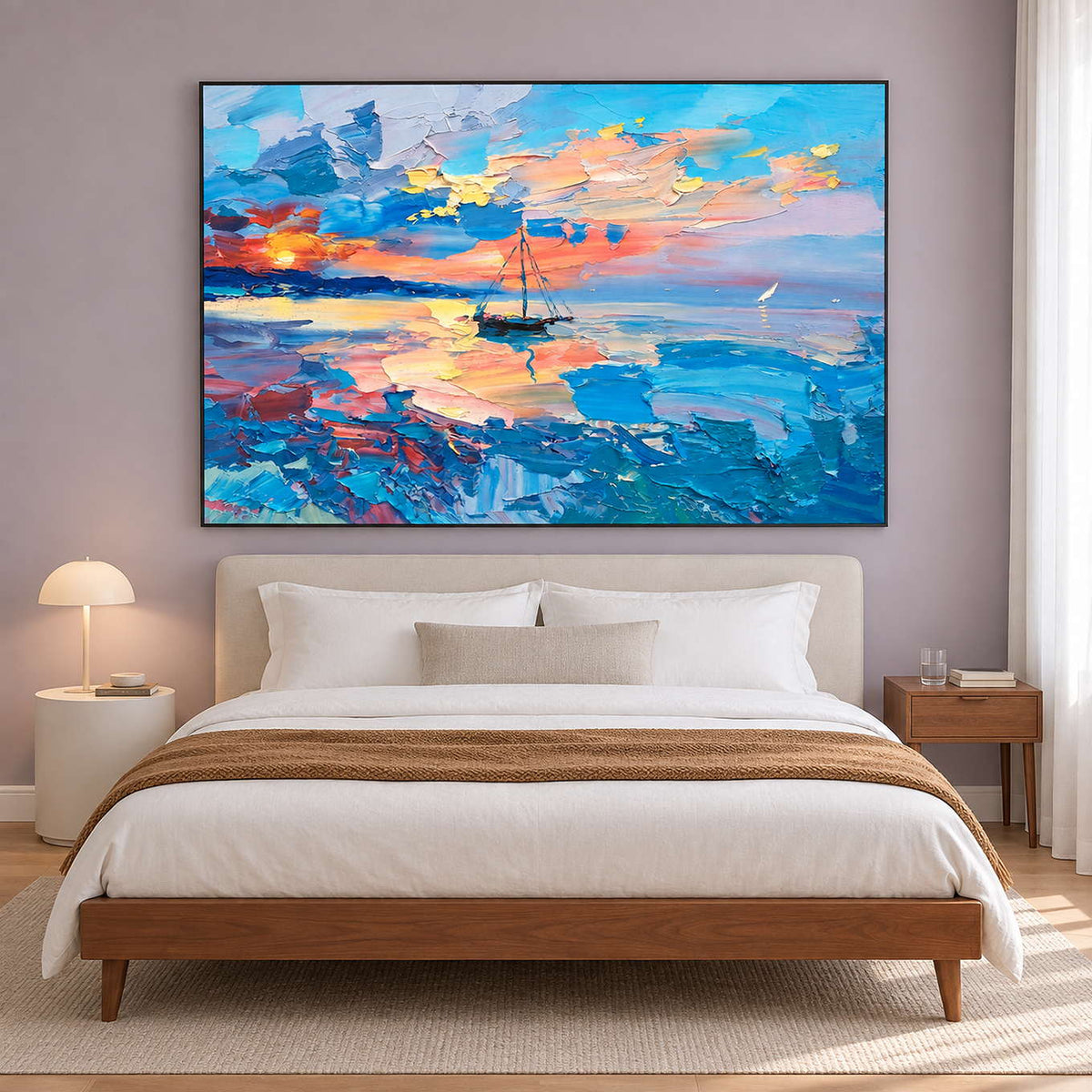 Sailboat artwork above a bed against a muted lilac wall.