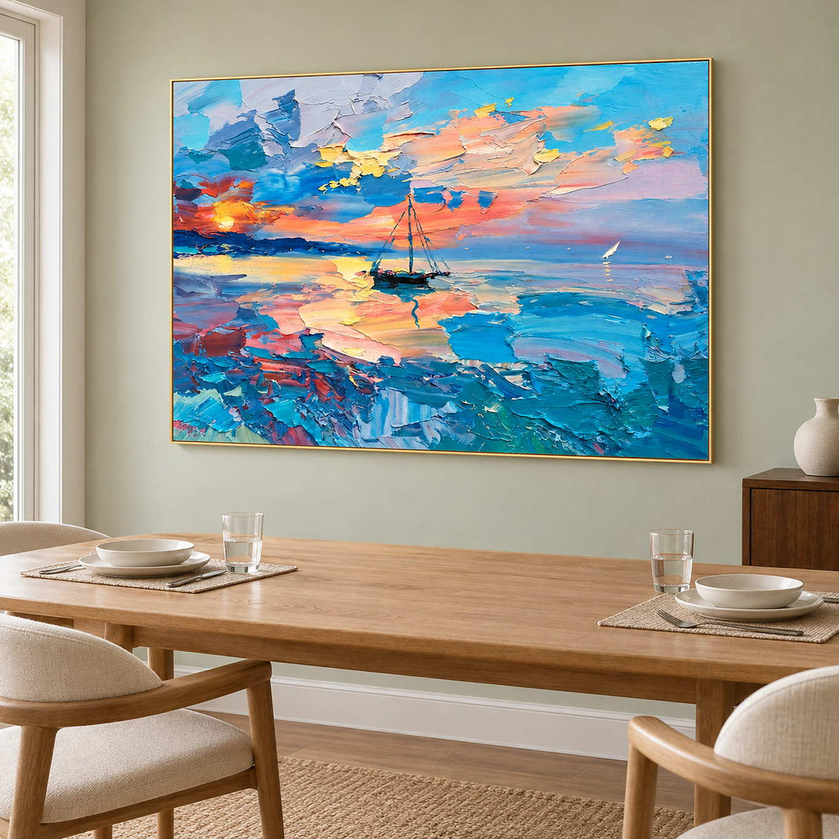 Blue-and-peach seascape above a wooden dining table.