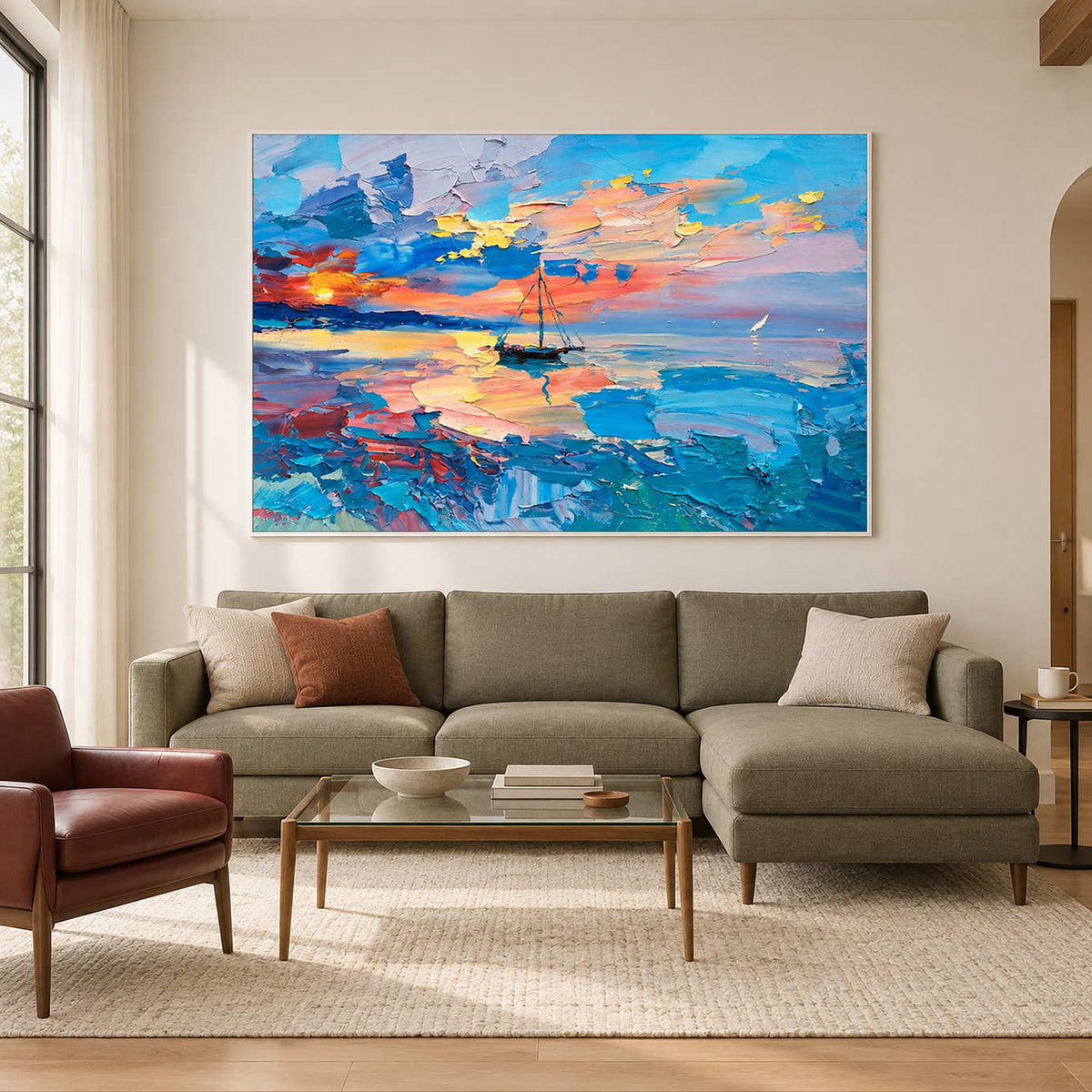 Colorful sunset sailboat painting above a green sectional sofa.