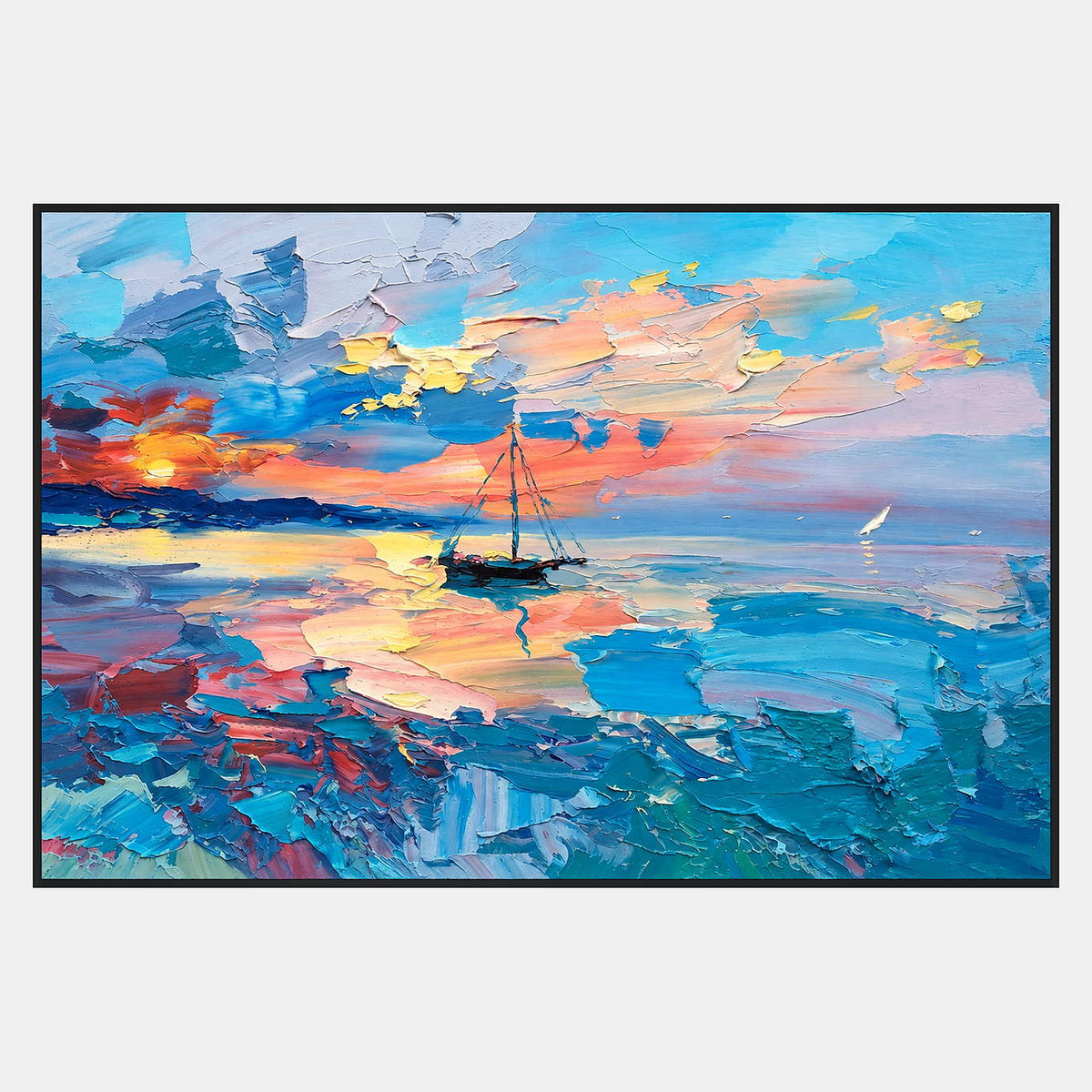 Dark sailboat with a bare mast on blue water reflecting peach and yellow, with a low sun at left and a distant white sail.