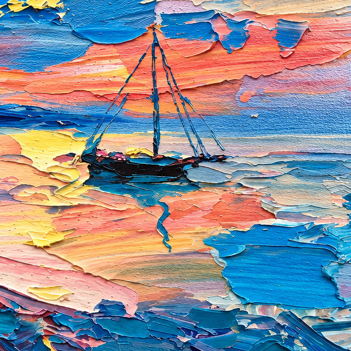 Detail of the dark boat and mast amid layered pink, yellow, and blue reflections.