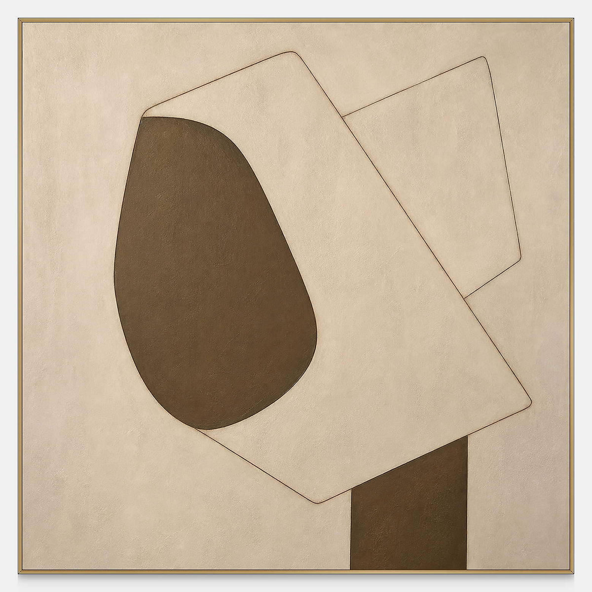 Hand-painted square canvas with cream planes and one rounded brown form.