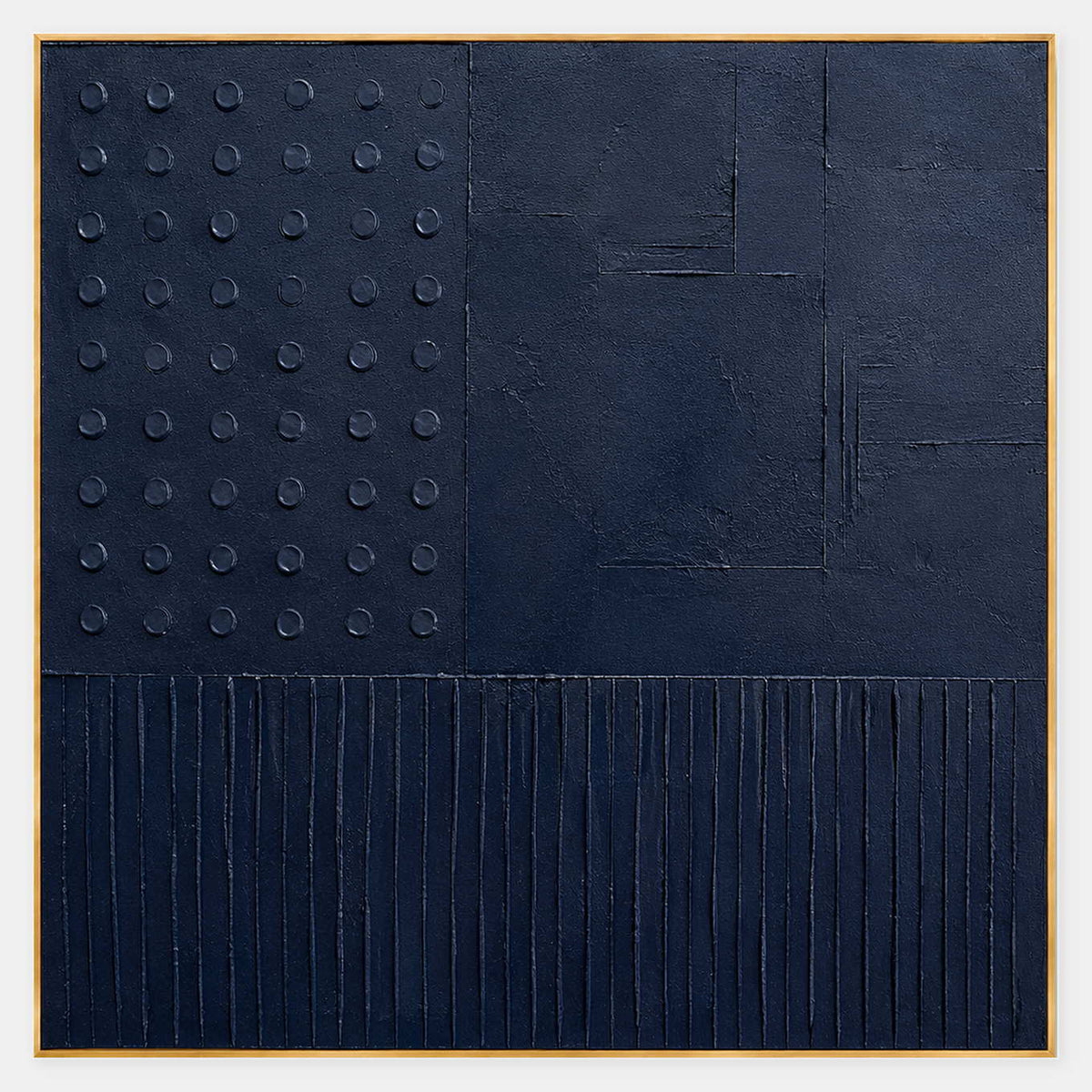 Hand-painted navy blue canvas with raised dots and linear relief.