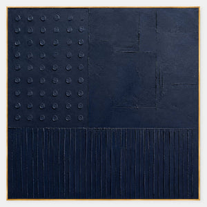 Hand-painted navy blue canvas with raised dots and linear relief.