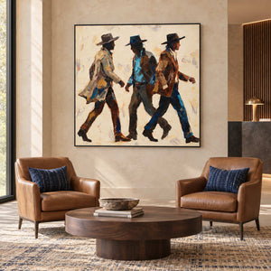 Rhythm of Footsteps in a black frame above brown leather armchairs and a round wood table in a commercial lobby.