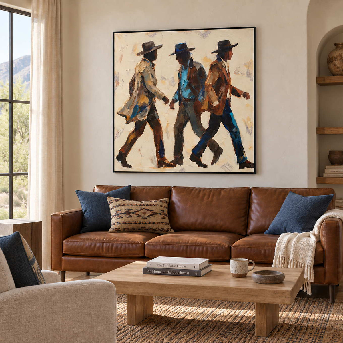 Rhythm of Footsteps in a black frame above a brown leather sofa with blue cushions and a light wood coffee table.