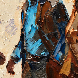 Close-up of Rhythm of Footsteps showing blue, brown and cream palette-knife strokes shaping a figure's coat and clothing.