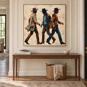 Rhythm of Footsteps in a gold frame above a wood hallway console and woven basket.