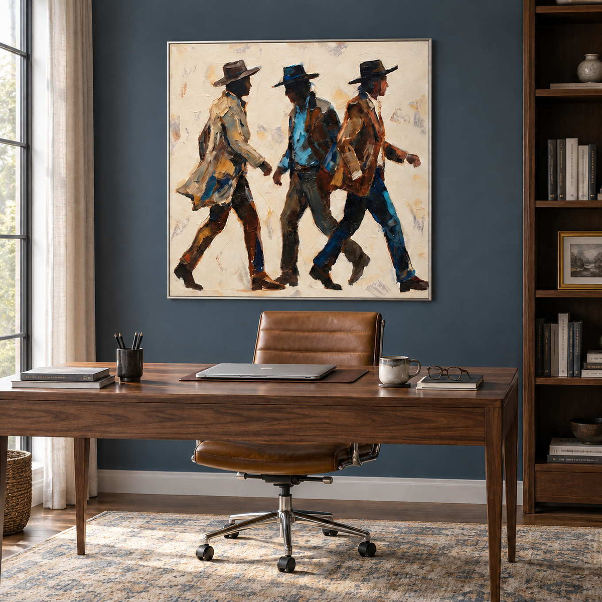 Rhythm of Footsteps in a silver frame above a wood desk and tan office chair against a blue wall.