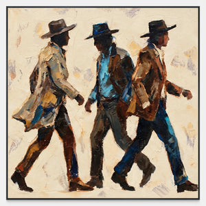 Front view of Rhythm of Footsteps, showing three hat-wearing figures crossing paths in brown, cream and blue textured strokes.