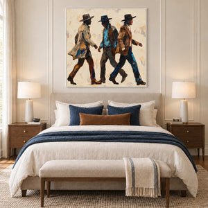 Rhythm of Footsteps in a white frame above a cream bed with navy cushions and a blue throw.