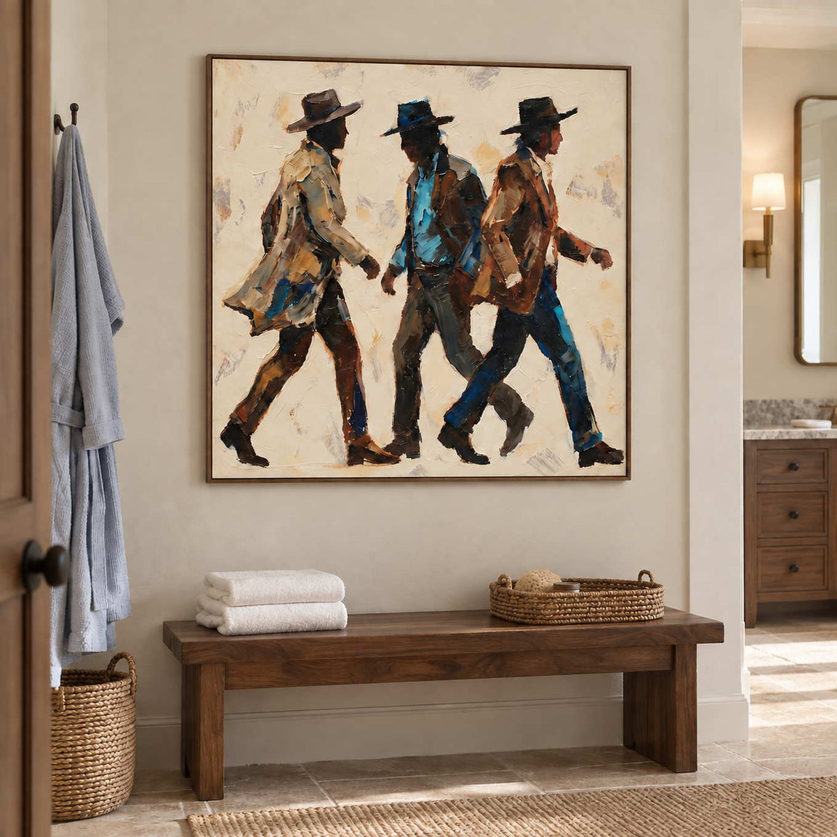 Rhythm of Footsteps in a wood frame above a bench with folded towels in a light bathroom dry area.