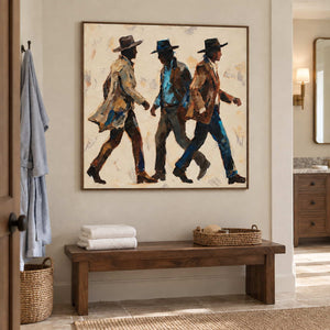 Rhythm of Footsteps in a wood frame above a bench with folded towels in a light bathroom dry area.
