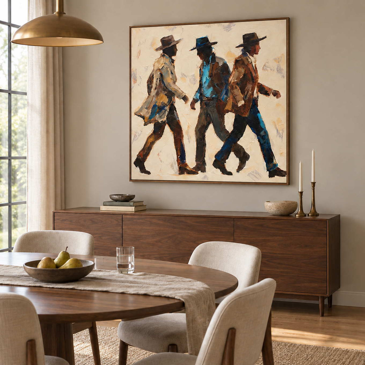 Rhythm of Footsteps in a wood frame above a sideboard behind a round dining table with cream chairs.