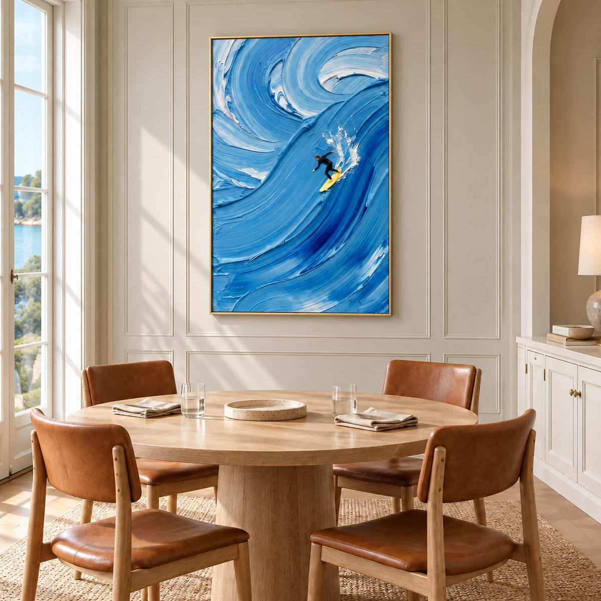 Riding the Wave in a gold frame above a round wood dining table with tan leather chairs.