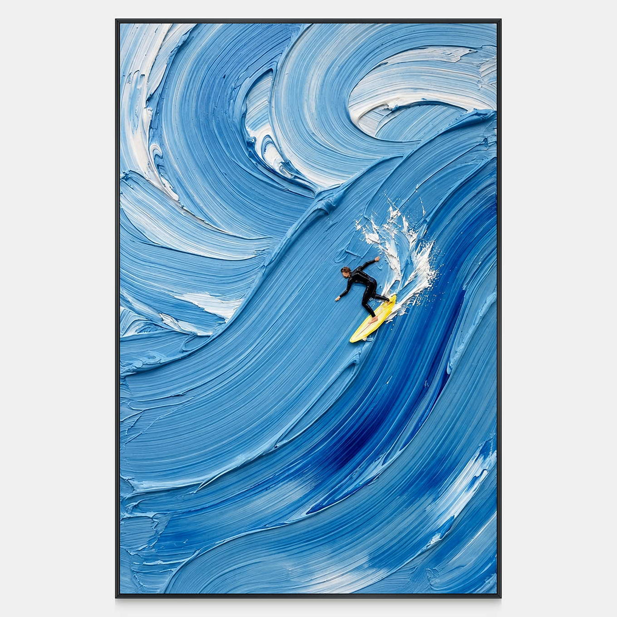 Front view of Riding the Wave, with a small surfer on a yellow board beneath a towering blue curl and white spray.