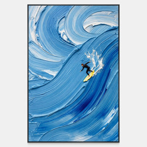 Front view of Riding the Wave, with a small surfer on a yellow board beneath a towering blue curl and white spray.