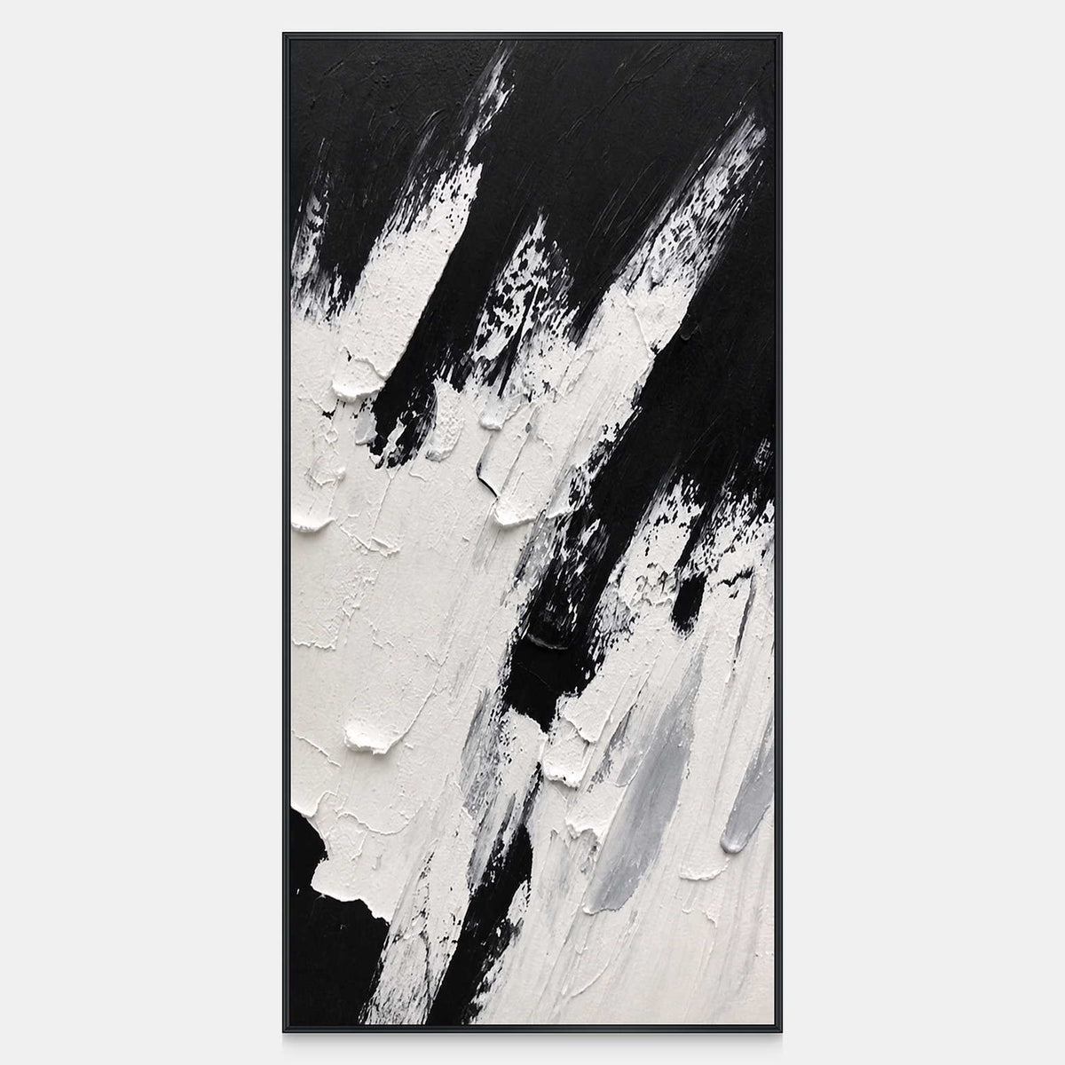 Rising into the Wind in a black frame, with sweeping raised white strokes across a tall black canvas.