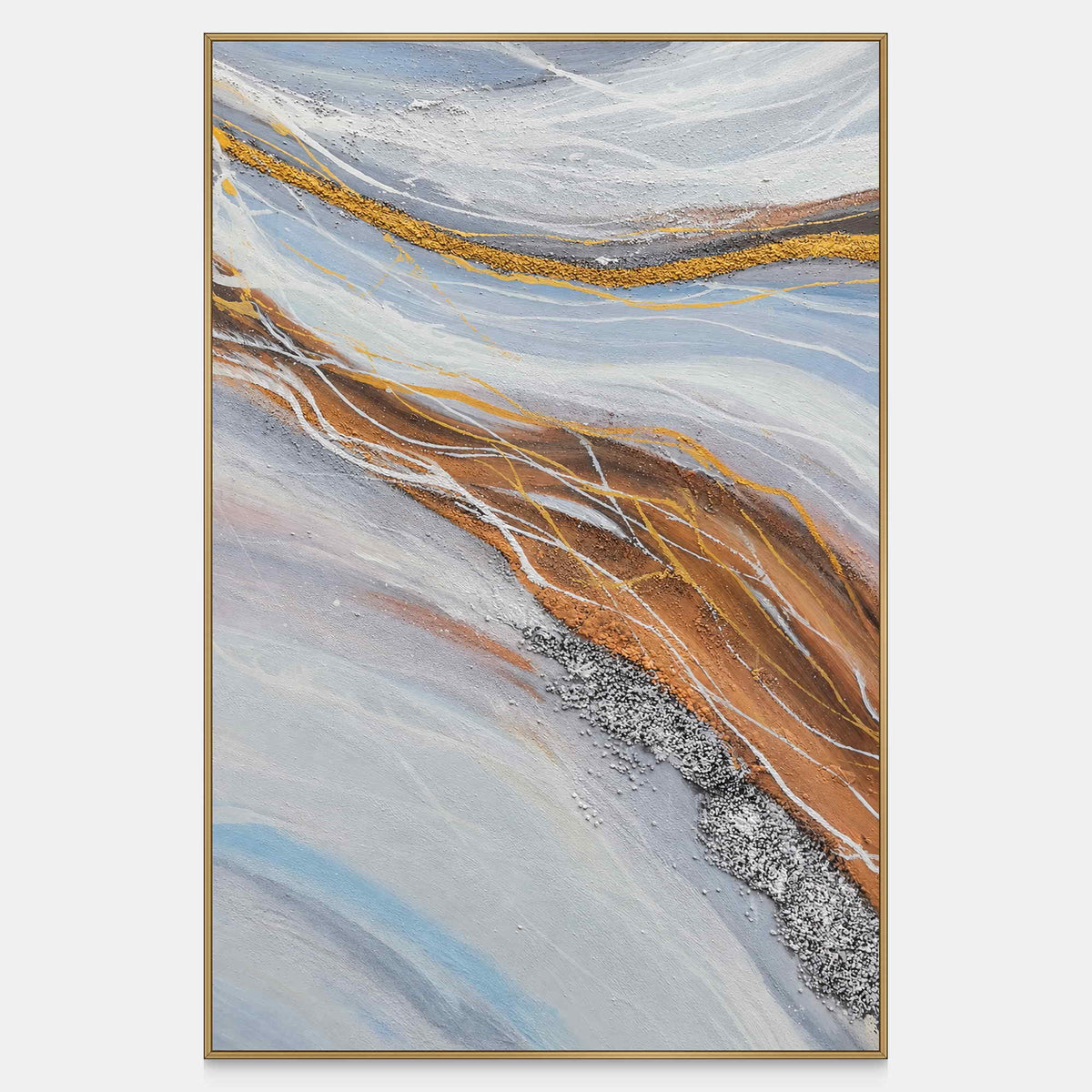 Front view of pale blue-gray bands curving around ochre areas with fine white lines, with a gold-colored frame.