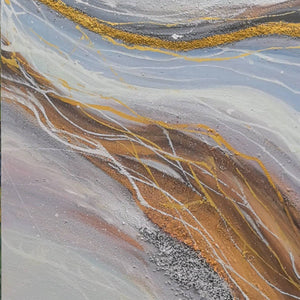 Close-up of white lines crossing ochre and pale blue-gray curves beside granular edges.