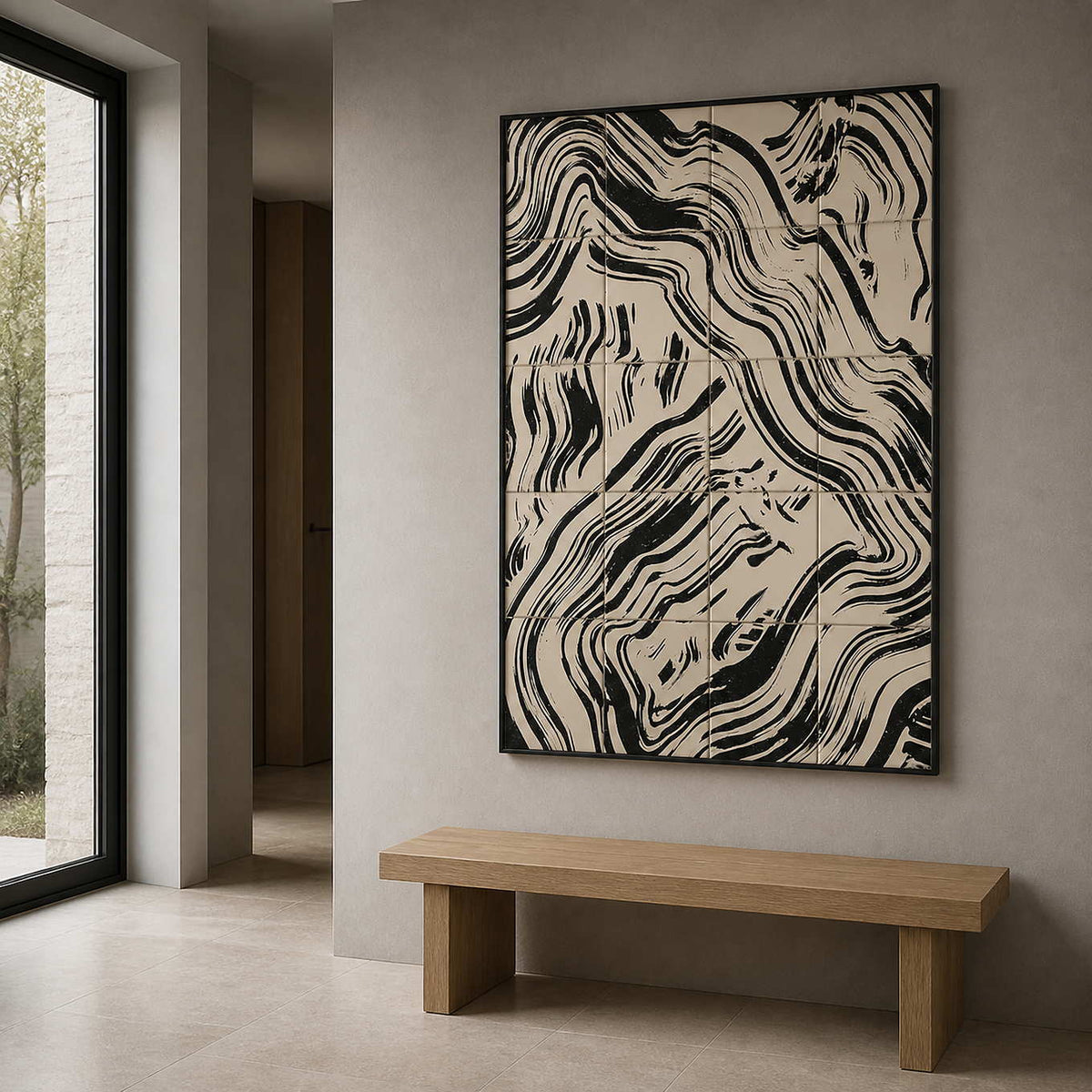Black framed abstract artwork with intersecting bands above a wooden hallway bench.