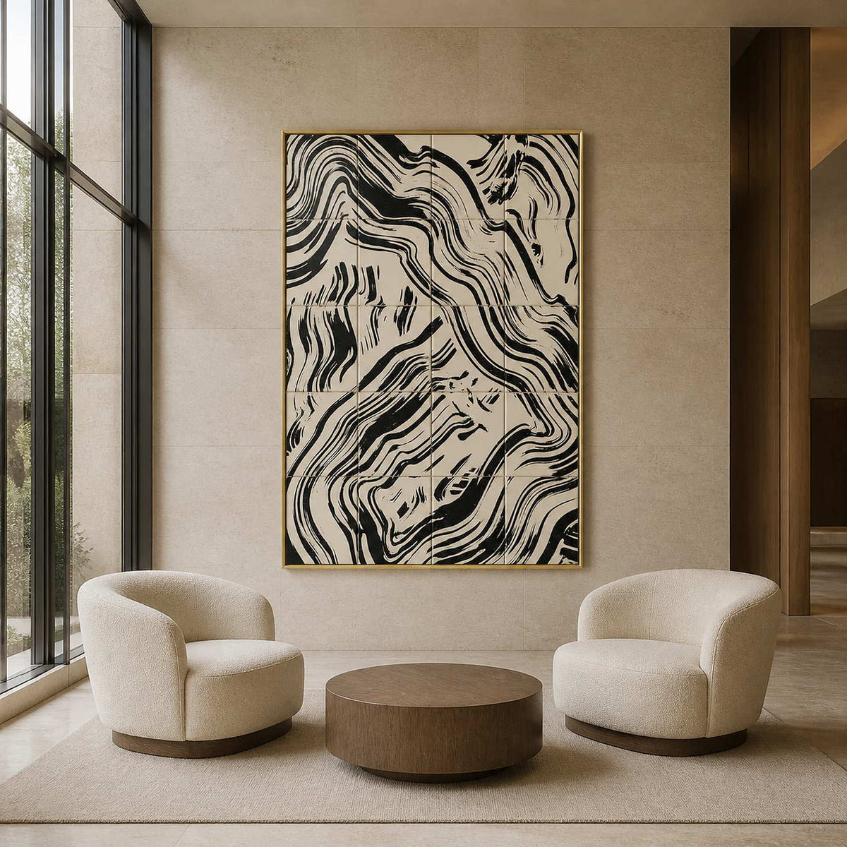 Gold framed abstract artwork with offset flowing bands between chairs in a hotel lounge.