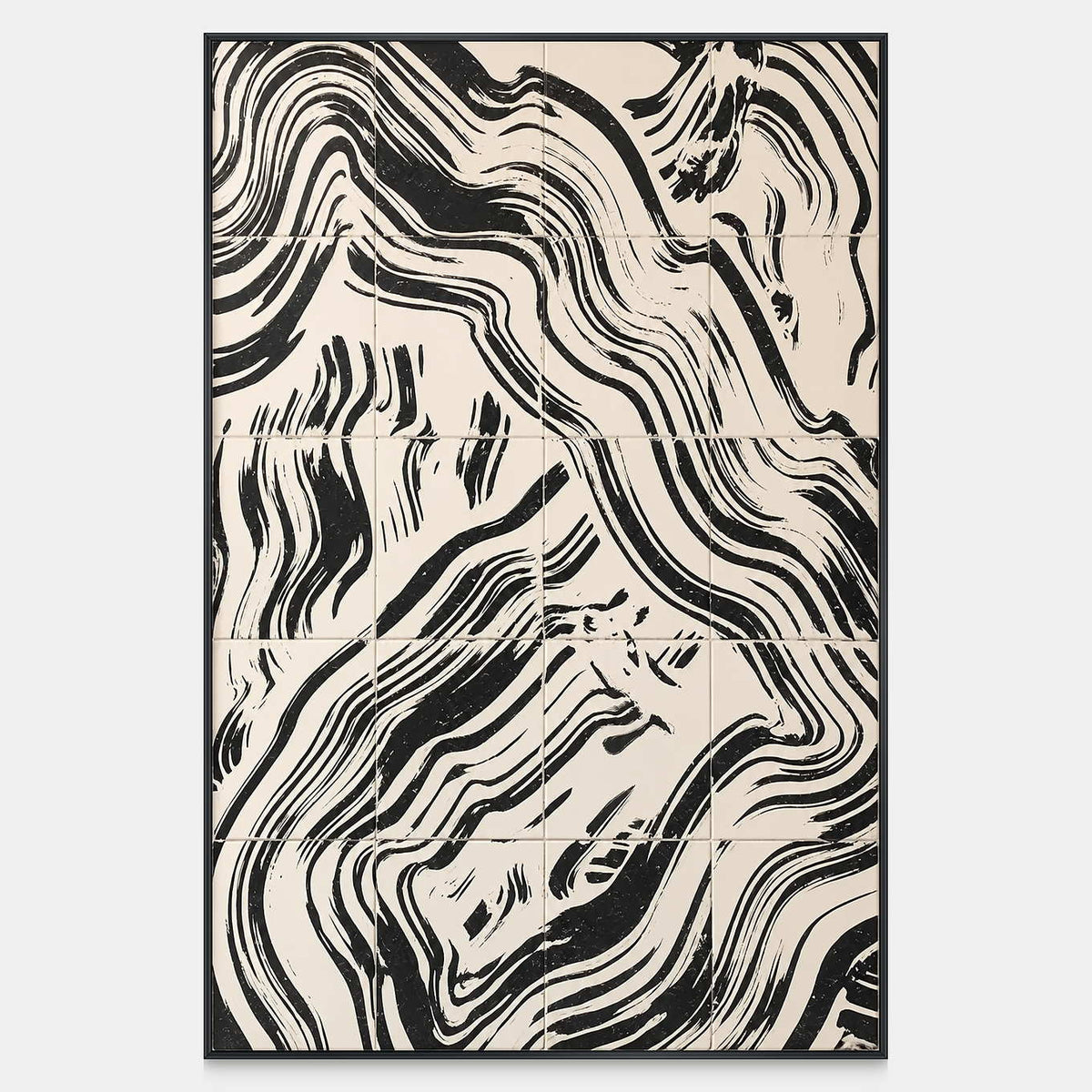 Vertical abstract painting with curved black bands crossing offset sections on a pale ground.