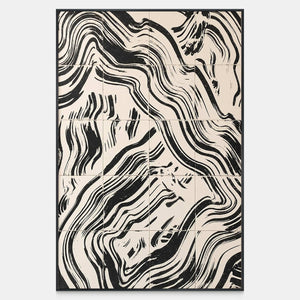 Vertical abstract painting with curved black bands crossing offset sections on a pale ground.