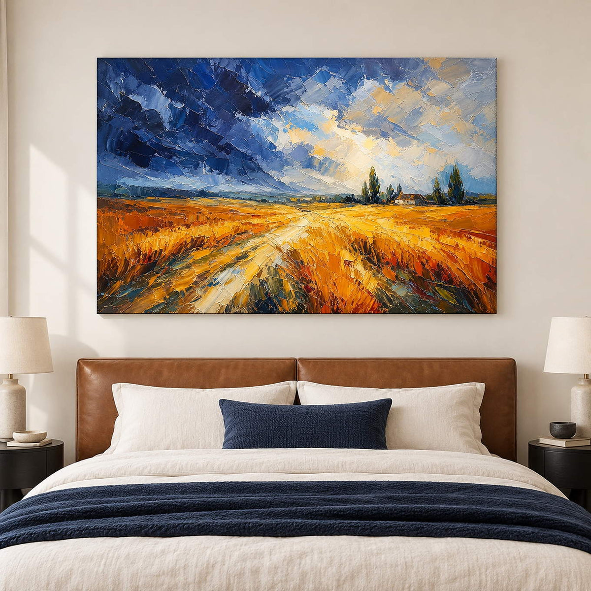 Golden field and winding path painting beneath a blue and cream sky without an outer frame in a bedroom.
