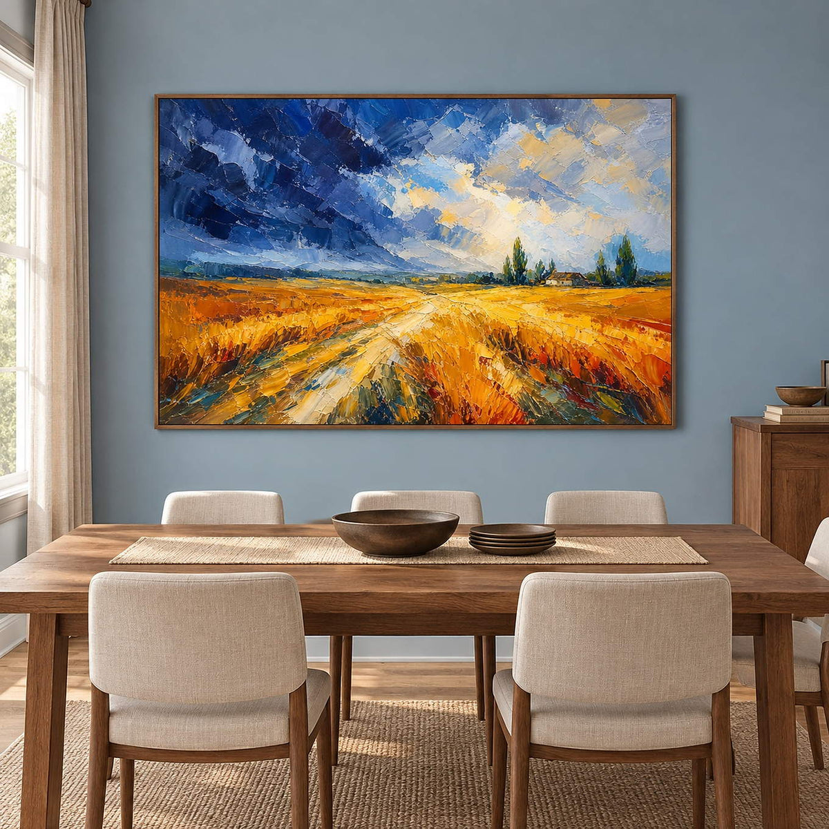 Golden field and winding path painting beneath a blue and cream sky in a brown wood frame in a dining room.