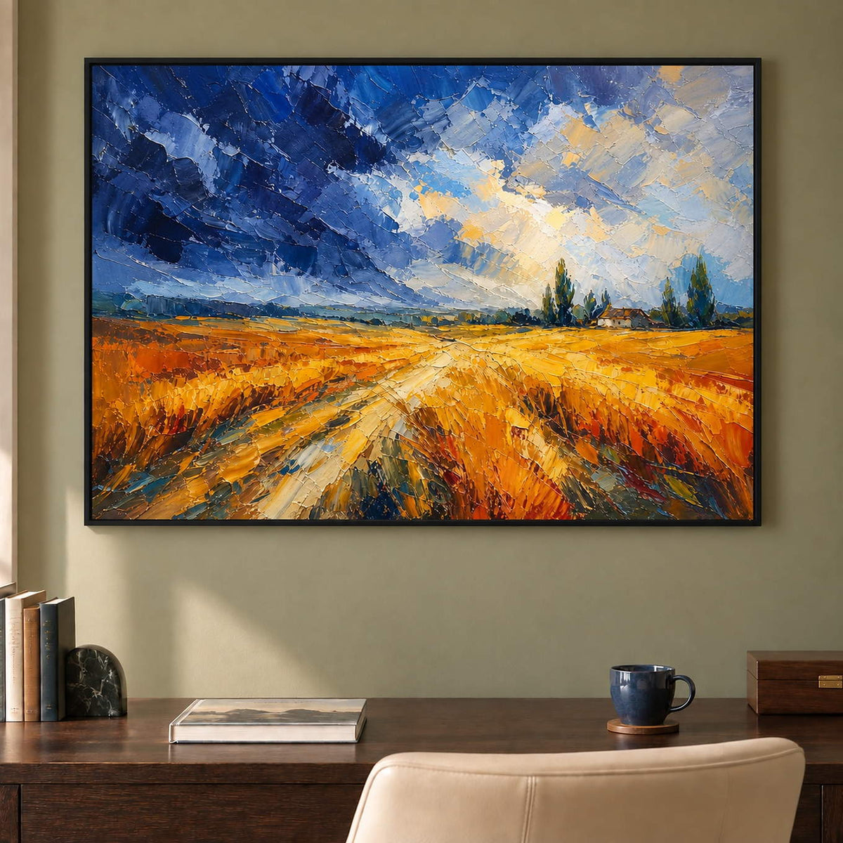 Golden field and winding path painting beneath a blue and cream sky in a black frame in a home office.