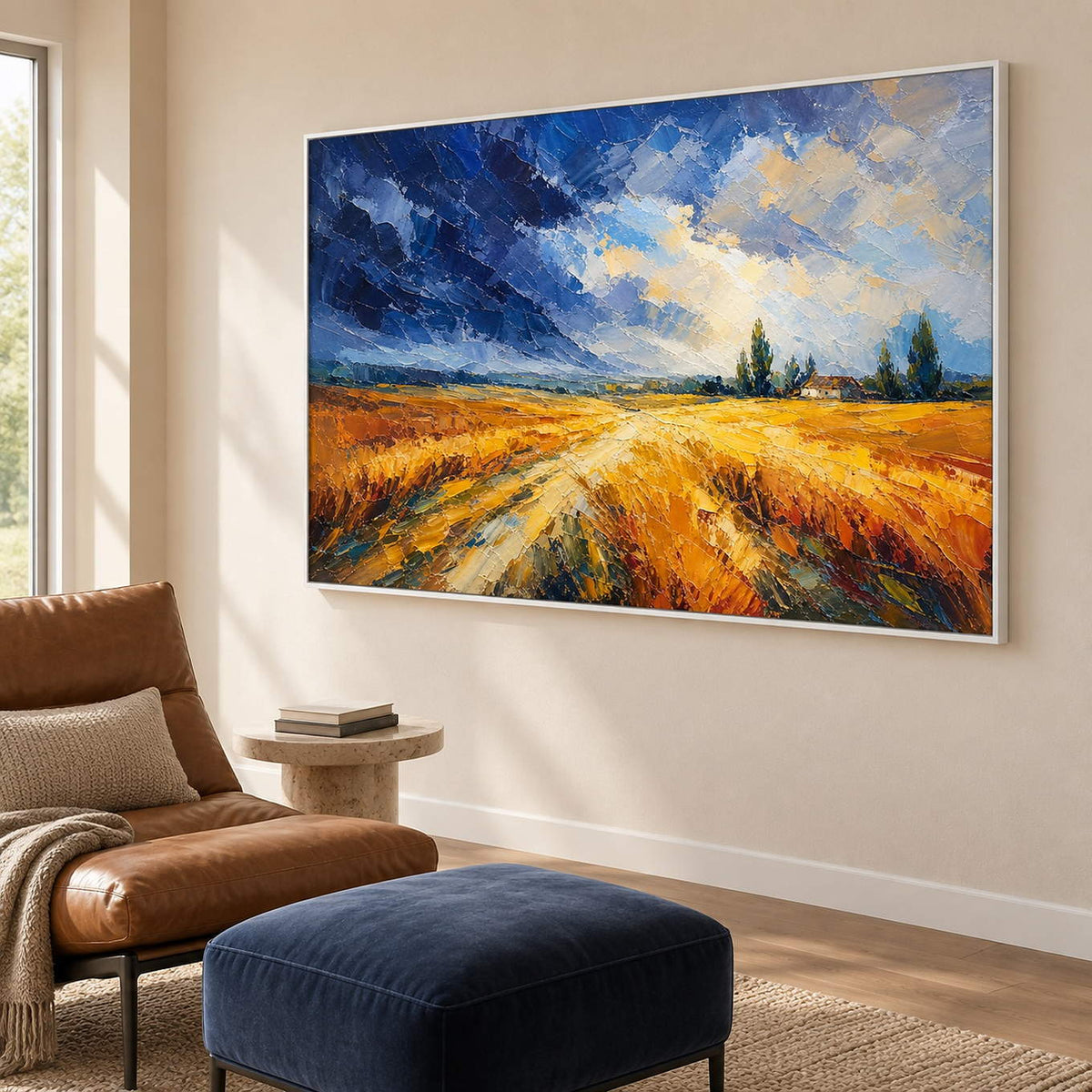 Golden field and winding path painting beneath a blue and cream sky in a white frame in a lounge.