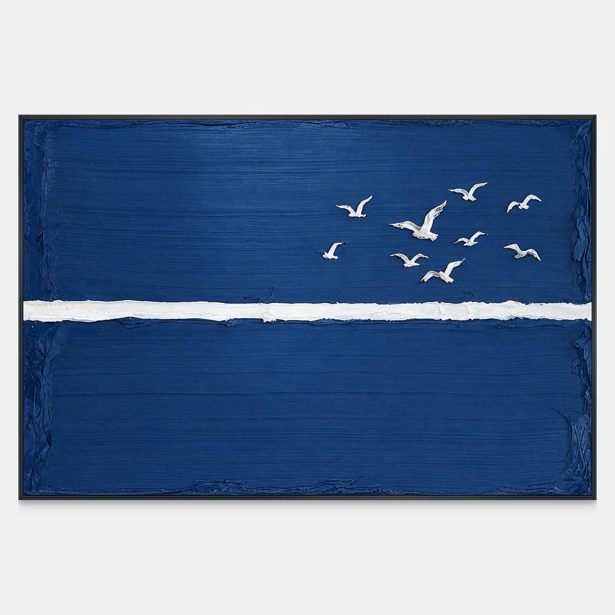 Front view of Room to Fly, white birds gathered above a single white line across an open deep blue horizontal field.