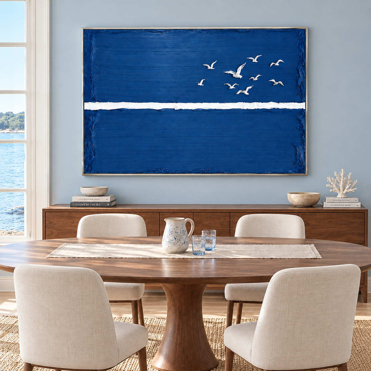 Room to Fly in a silver frame above a sideboard and oval wood dining table against a pale blue wall.