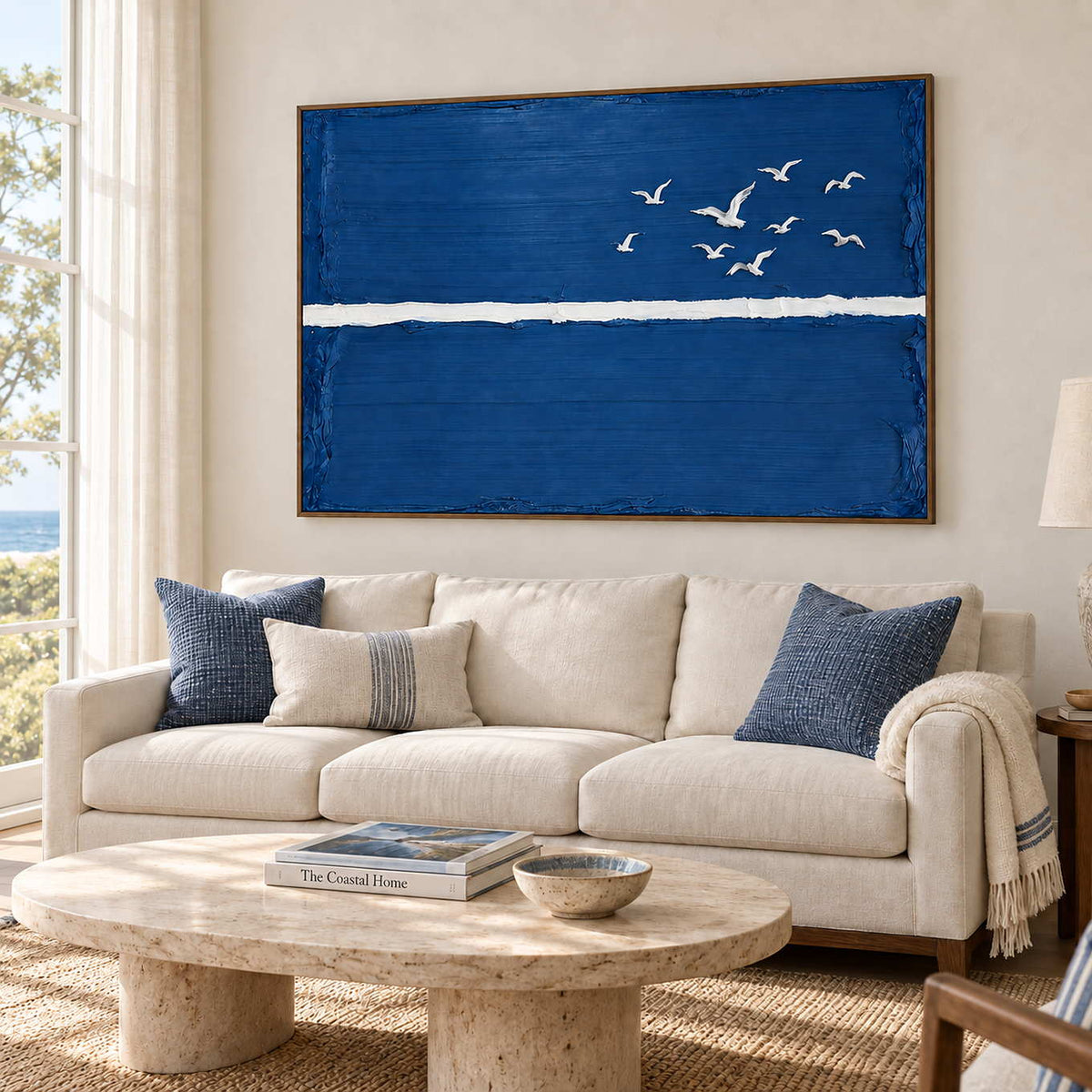 Room to Fly in a wood frame above a cream sofa with blue cushions and a pale oval stone coffee table.