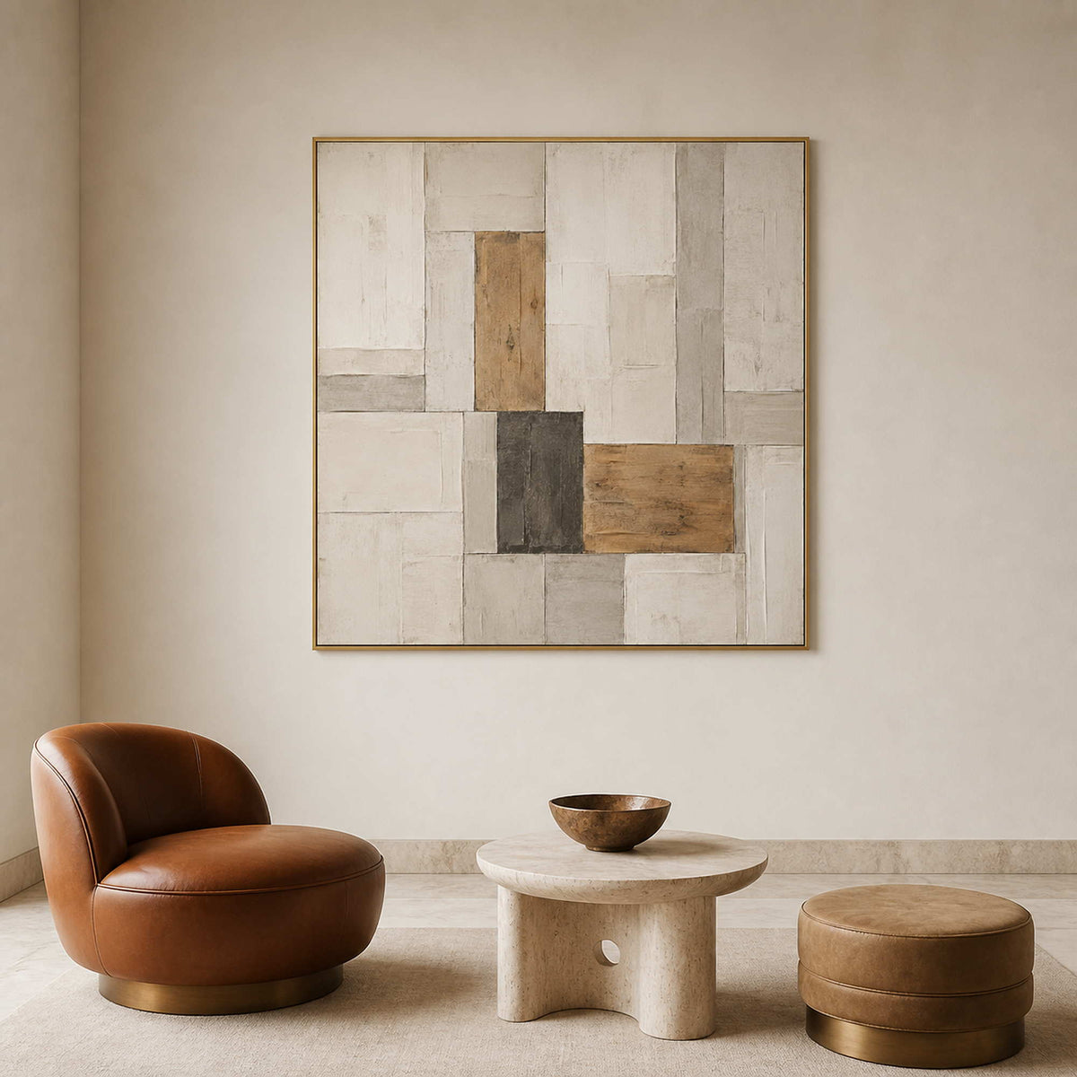 Ivory and caramel Wabi-Sabi artwork displayed in a boutique lounge.