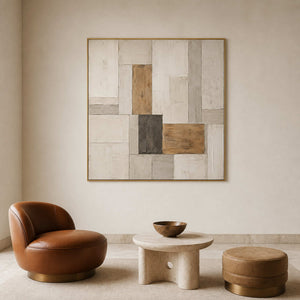 Ivory and caramel Wabi-Sabi artwork displayed in a boutique lounge.