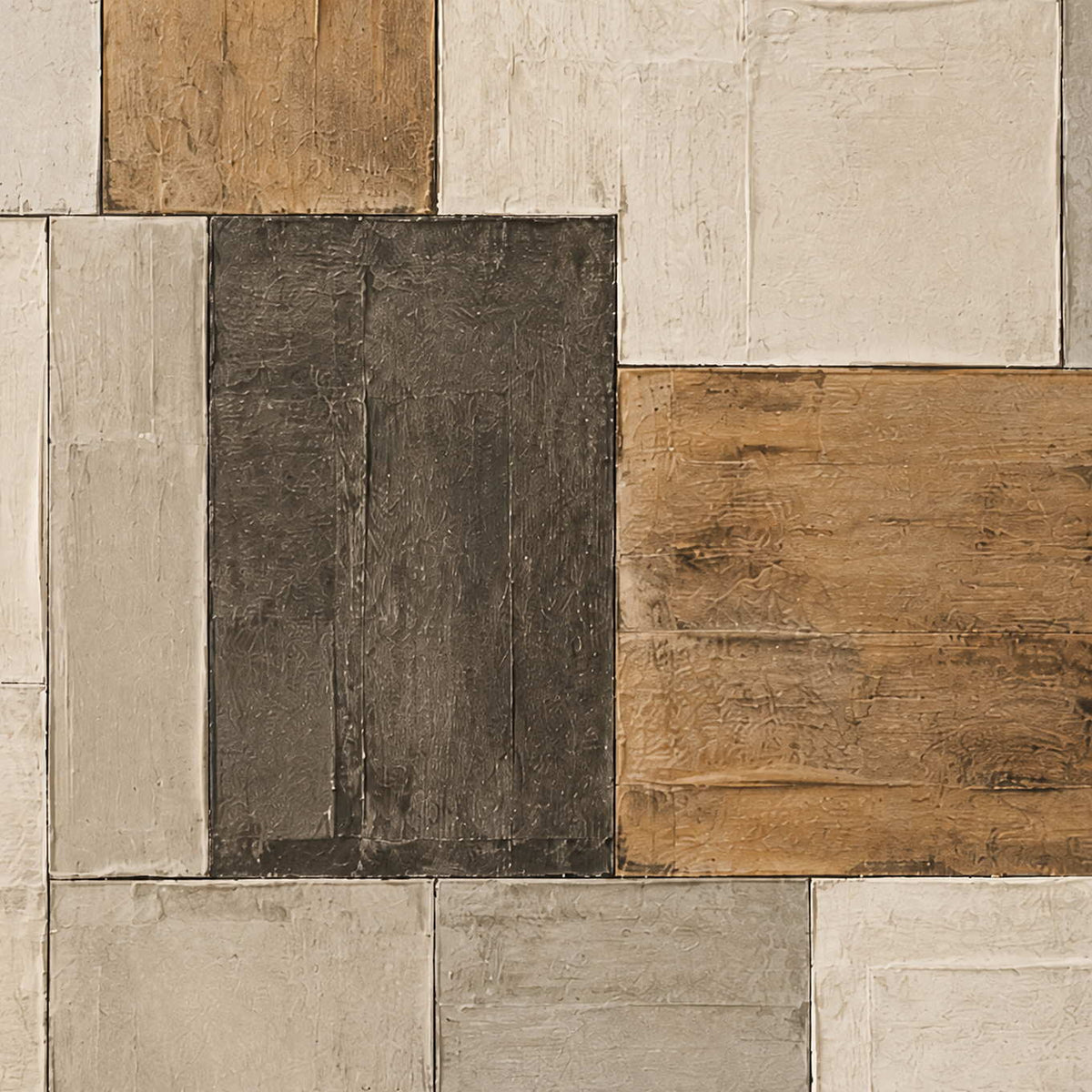 Close-up of scraped caramel charcoal and ivory plaster block texture.