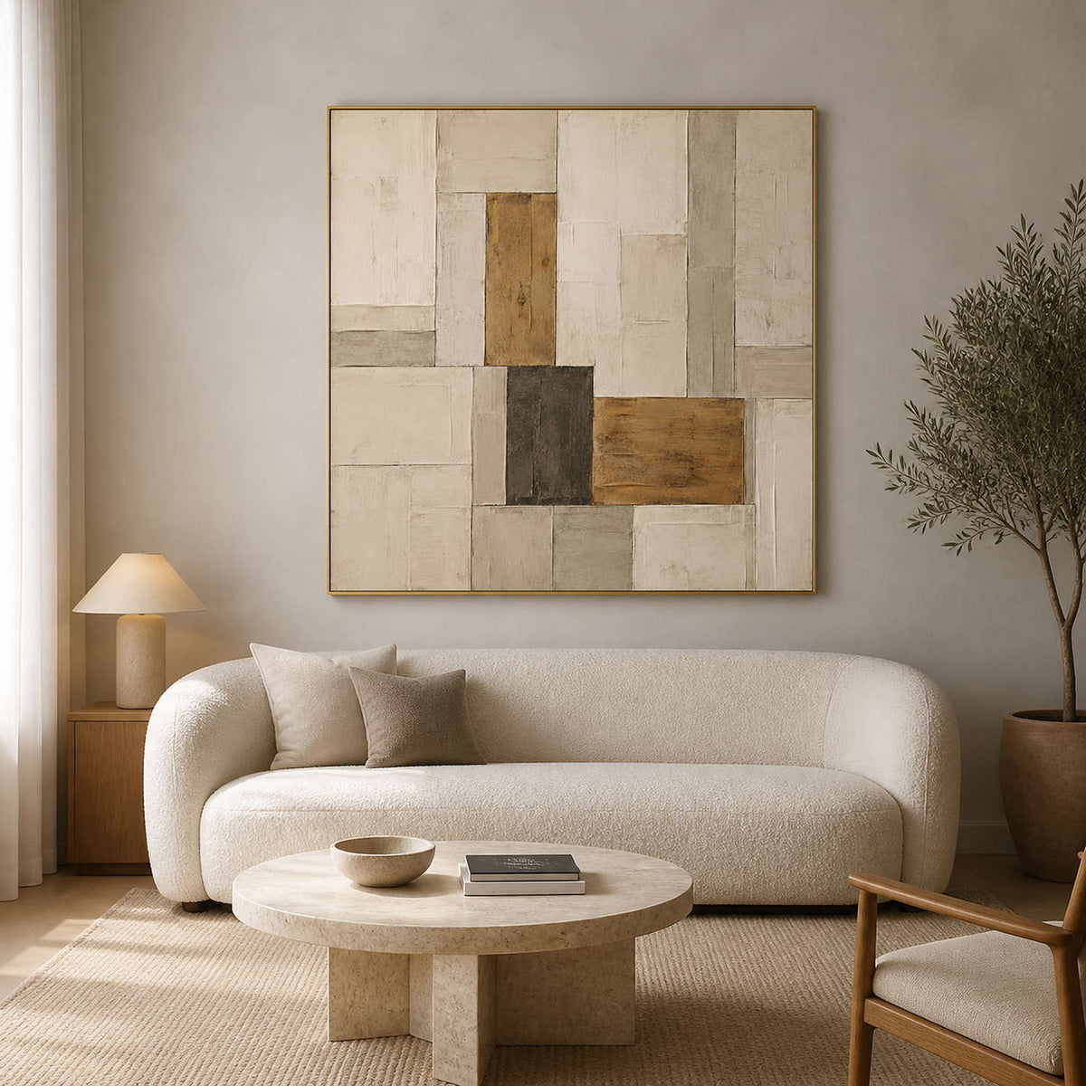 Neutral Wabi-Sabi wall art displayed in a warm minimalist living room.