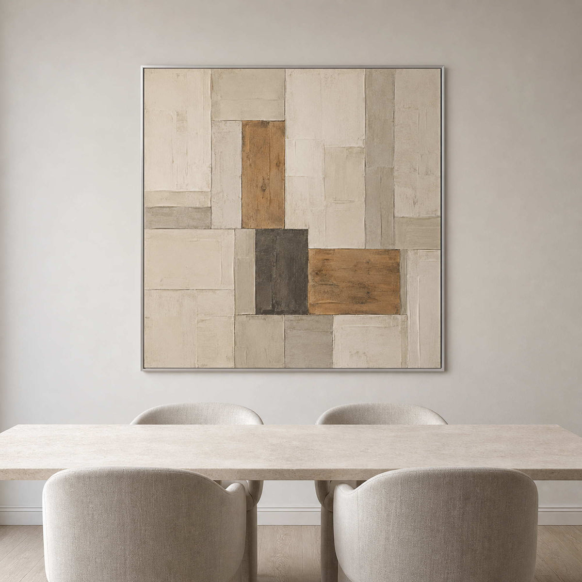 Neutral textured wall art displayed in a light gray modern dining room.