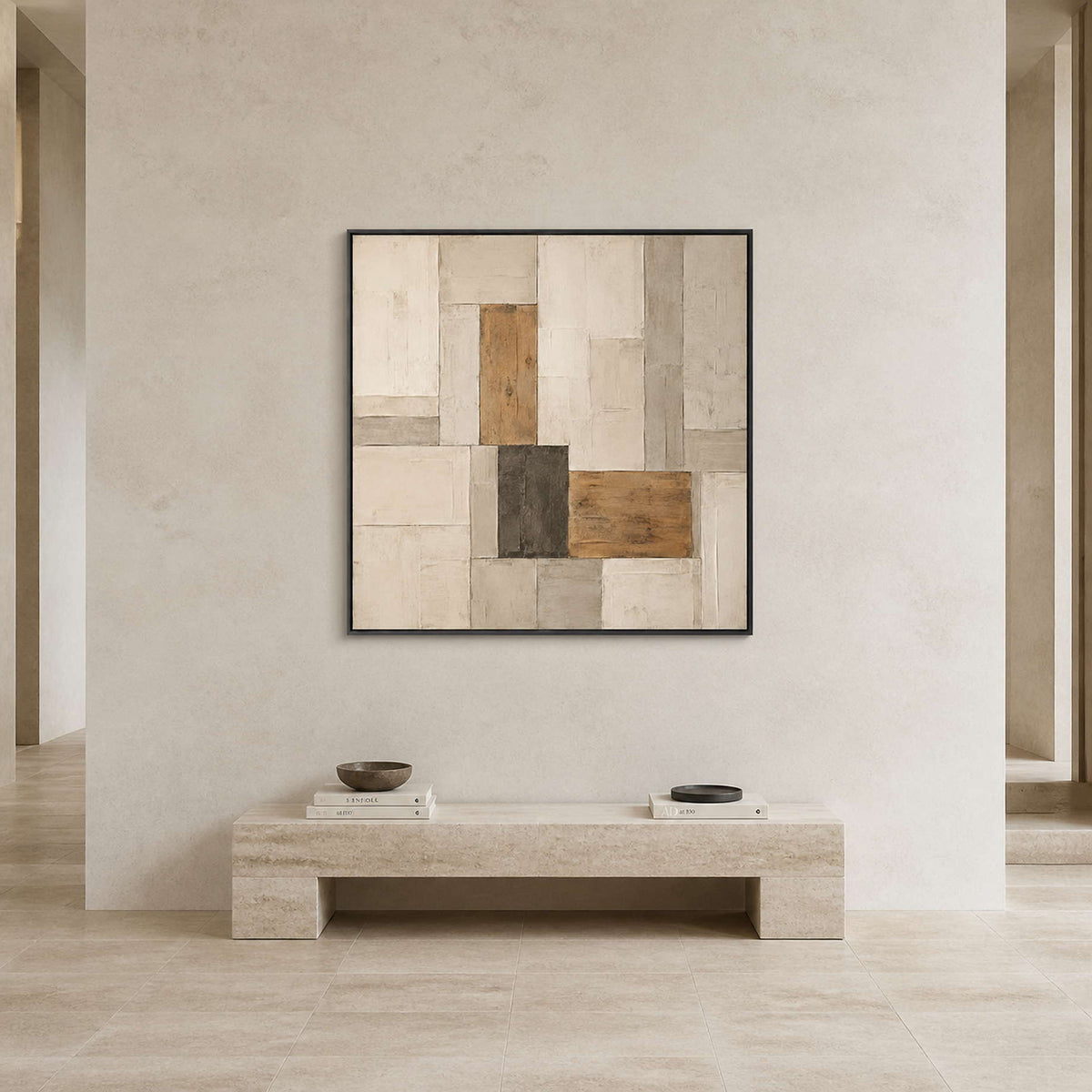 Square neutral abstract wall art displayed in a modern stone entryway.