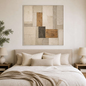 Textured Wabi-Sabi artwork displayed in a serene ivory bedroom.