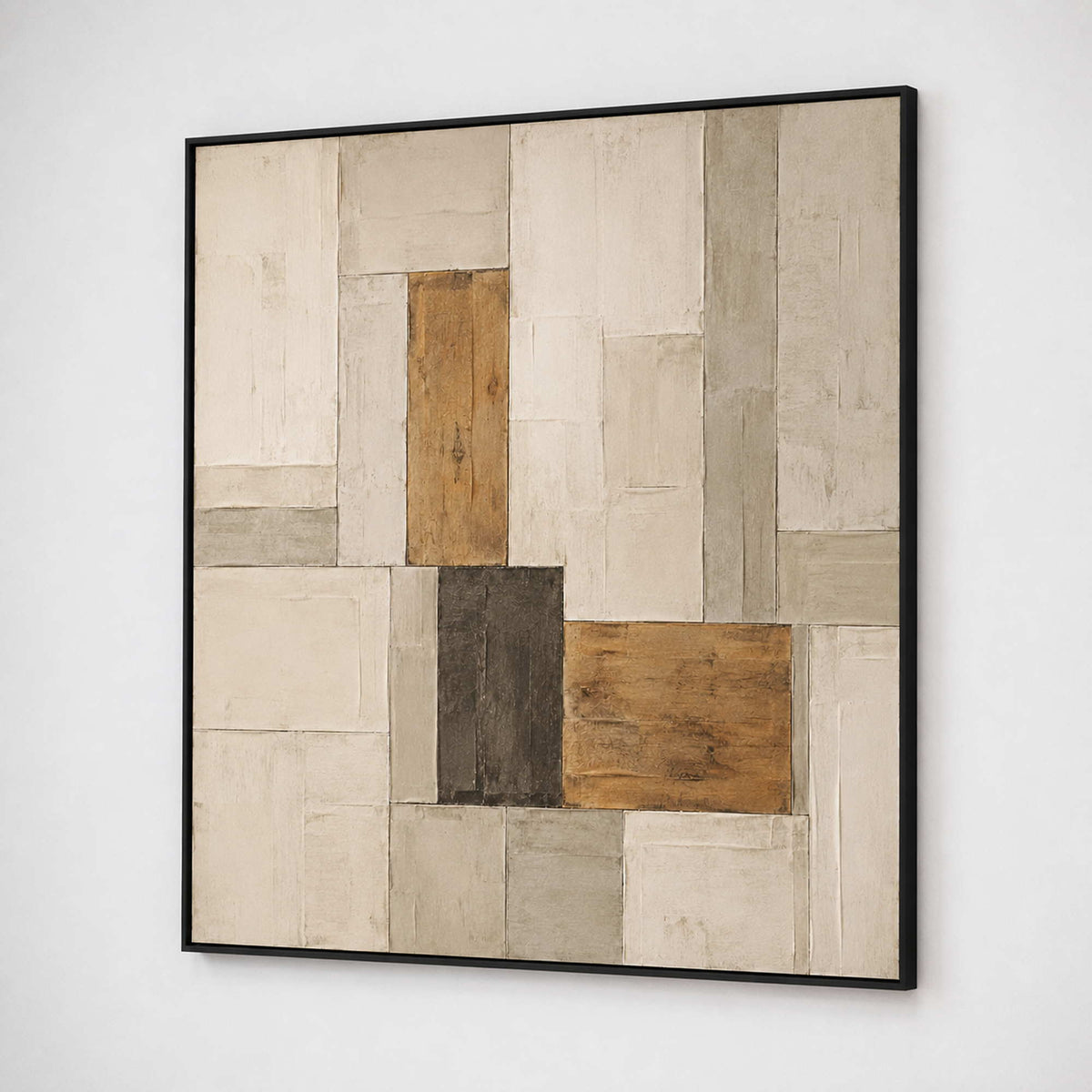 Square textured abstract artwork viewed close-up on a white gallery wall.