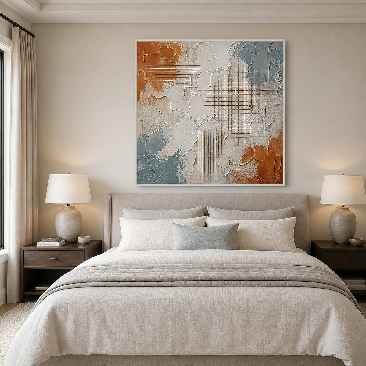 Textured blue and rust wall art above a serene bedroom with a white frame.