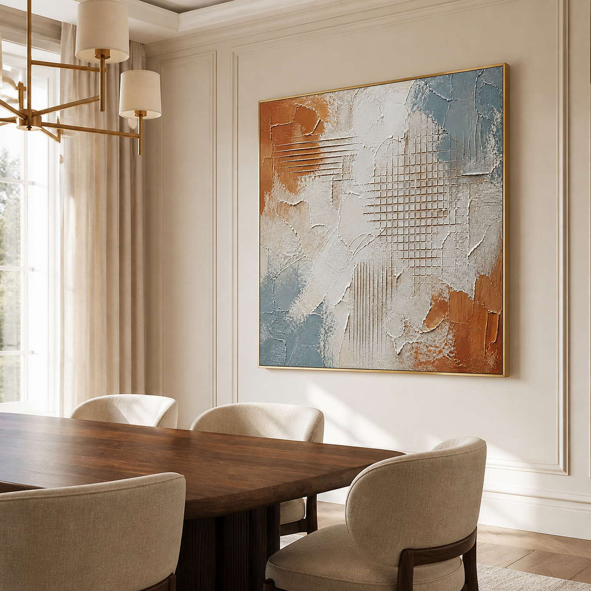 Warm modern abstract wall art in a bright dining room with a gold frame.