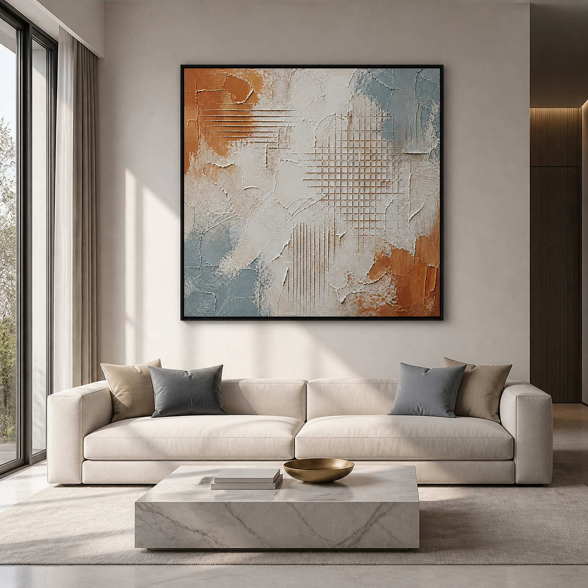 Textured rust and blue abstract wall art in a refined living room.